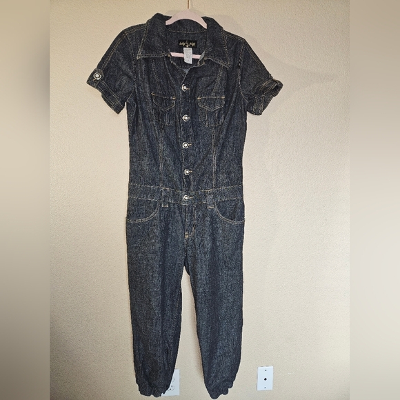 Baby Phat Y2k Vintage Dark Denim Cropped Jogger Utility Jumpsuit Size 11 - Picture 4 of 14